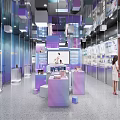Bright Modern Specialty Store With Purple Blue Cube Decorations And Display Counters