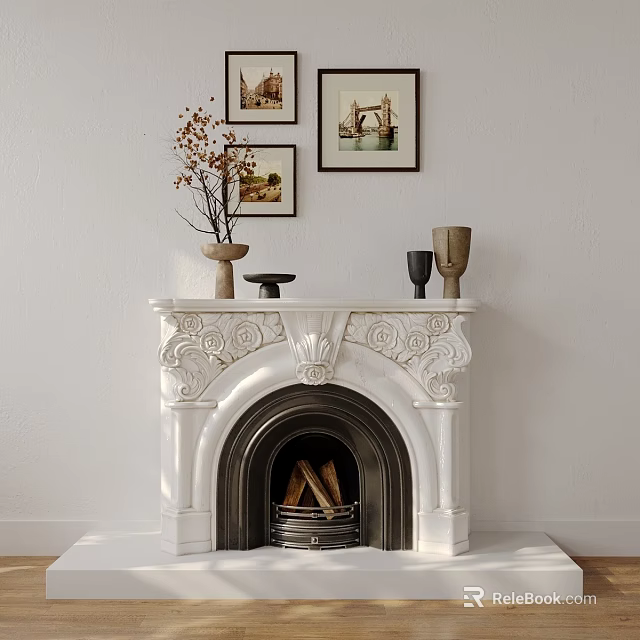 White Marble Fireplace With Carved Arch Design Decorative Vases Artwork Frames And Wood Logs Inside 3d model 