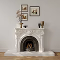 White Marble Fireplace With Carved Arch Design Decorative Vases Artwork Frames And Wood Logs Inside