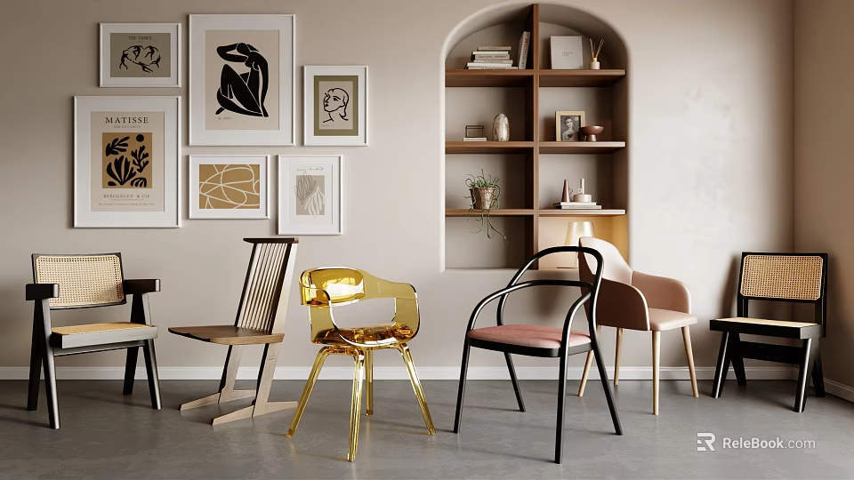 Stylish Single Chair Designs With Metal Frame And Upholstered Seats In Modern Interior With Artwork 3d model 