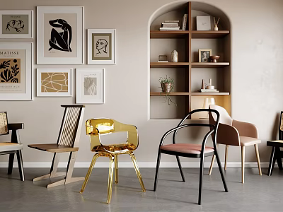 Stylish Single Chair Designs With Metal Frame And Upholstered Seats In Modern Interior With Artwork 3d model