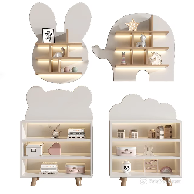 Cute Animal Shaped Kids Bookcase With Decorative Toys Small Houses And LED Lights 3d model 