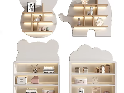 Cute Animal Shaped Kids Bookcase With Decorative Toys Small Houses And LED Lights 3d model