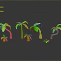 Green and orange palm trees of various sizes arranged on gray background with reflections