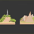 3D Scene Components with Island Terrain Statue Structure Pyramid Models And Green Trees 3d model