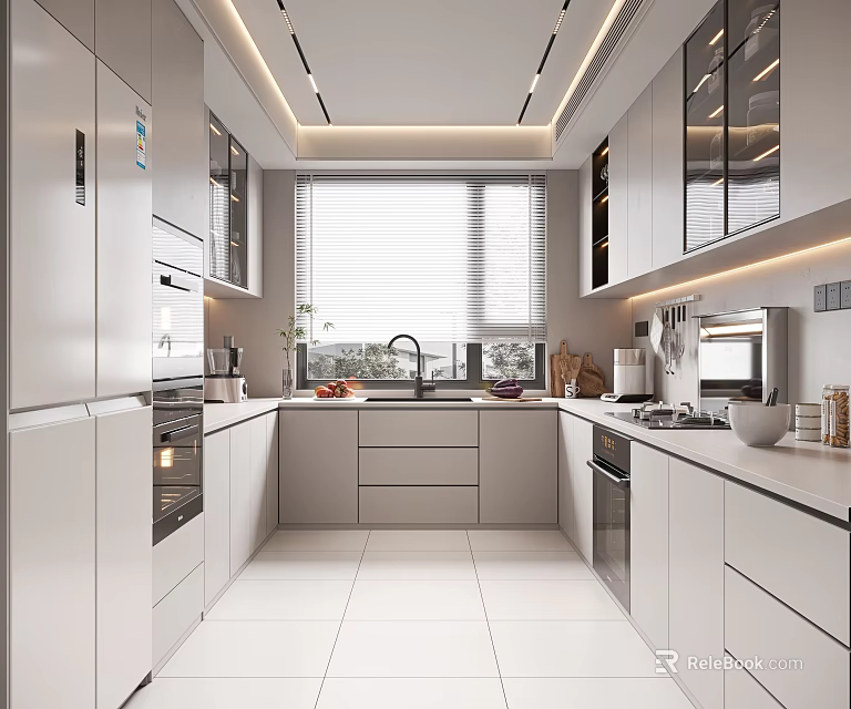 Modern Kitchen Interior Design With White Cabinets Window Blinds And Appliances 3d model