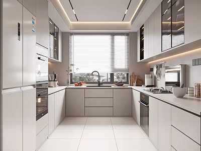 Modern Kitchen Interior Design With White Cabinets Window Blinds And Appliances 3d model