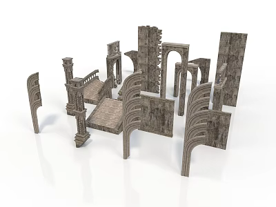Detailed Classical Architectural Stone Components With Gray Arches Columns And Steps 3d model