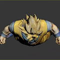 Anime Game Character With Golden Spiky Hair Blue Shirt Orange Pants And Standing Pose