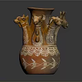 Decorative Orange Vase With Multiple Animal Heads And Intricate White Patterns 3d model