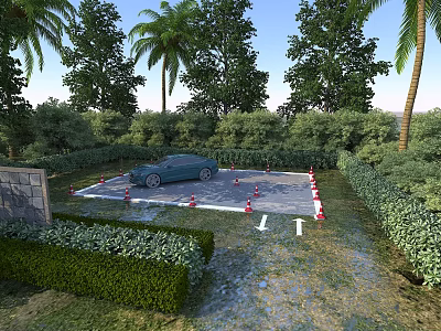 Road Facilities Featuring Red White Cones Parking Area Blue Car Green Shrubs And Trees 3d model