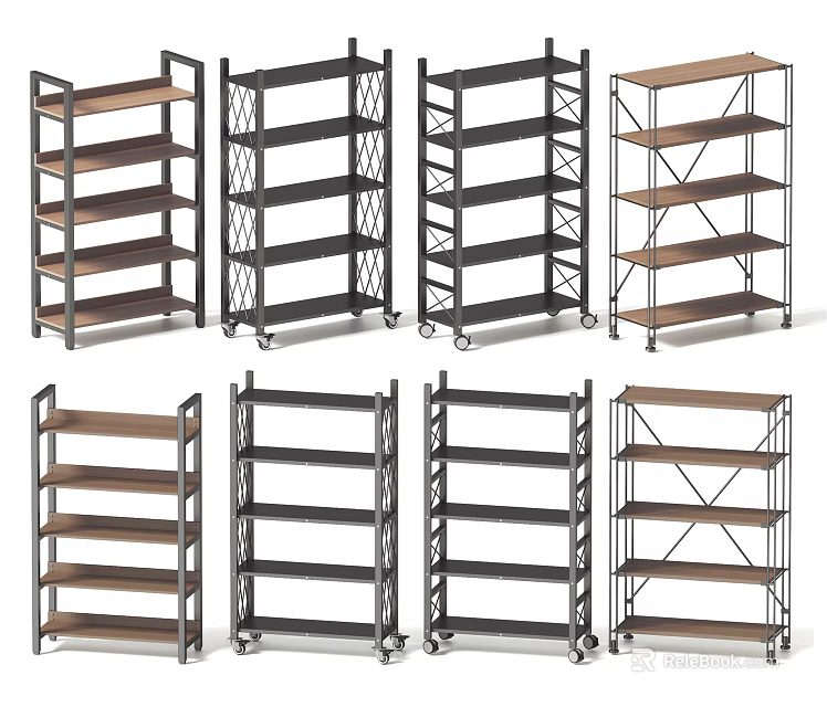 Various Design Display Shelves With Wooden Metal Frames Multiple Tiers And Wheels 3d model 