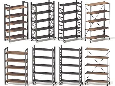Various Design Display Shelves With Wooden Metal Frames Multiple Tiers And Wheels 3d model