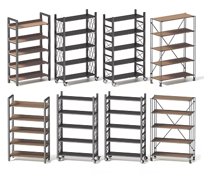 Various Design Display Shelves With Wooden Metal Frames Multiple Tiers And Wheels 3d model