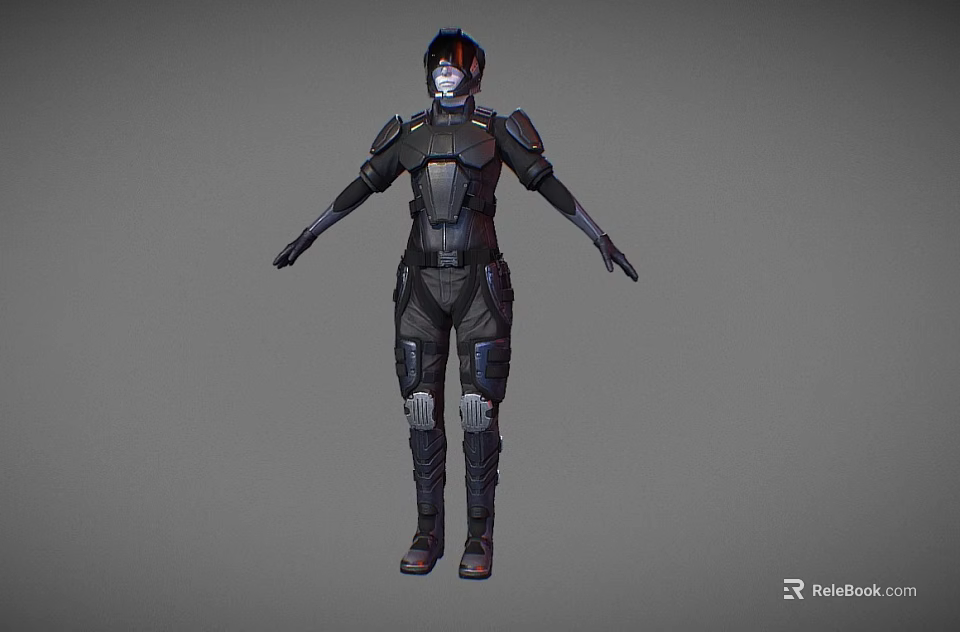 Detailed Futuristic Character Design Featuring Tactical Black Gray Armor And Red Accents 3d model 