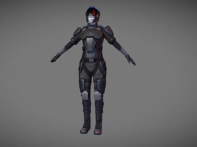 Detailed Futuristic Character Design Featuring Tactical Black Gray Armor And Red Accents 3d model