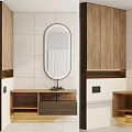 Modern Wooden Bathroom Vanity With Oval Backlit Mirror And White Tiled Wall