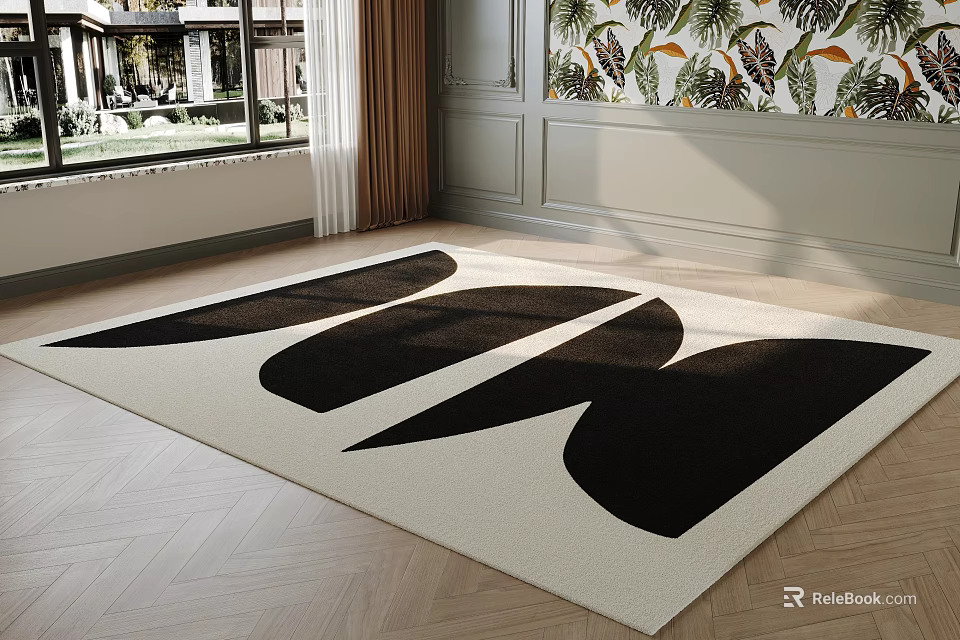 Black White Geometric Square Rug In Modern Living Room With Window 3d model 