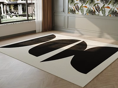 Black White Geometric Square Rug In Modern Living Room With Window 3d model