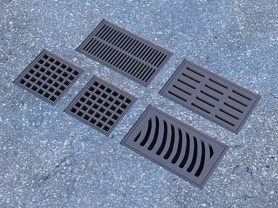 Different Metal Drain Grates With Various Patterns On Gray Ground Surface 3d model