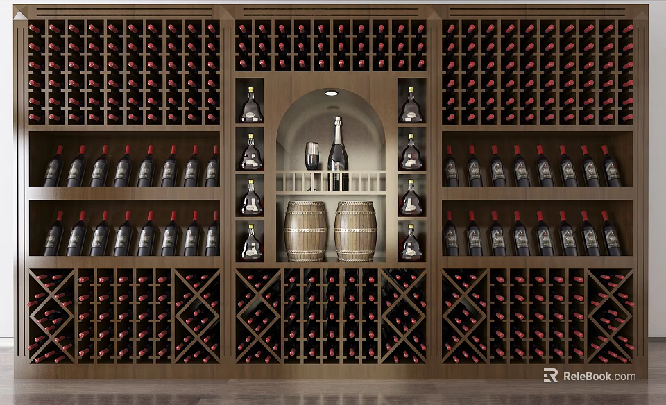 Wooden Wine Cabinet With Multiple Shelves Wine Bottles And Central Barrels 3d model 