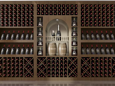 Wooden Wine Cabinet With Multiple Shelves Wine Bottles And Central Barrels 3d model