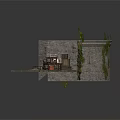Ancient Courtyard Scene With Stone Walls Paved Ground Barrels Tables Clay Pots Brooms And Straw