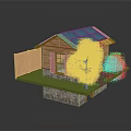 Wooden Cabin With Solar Panels On Roof Wooden Fence Grass Lawn Tree And Shrubs