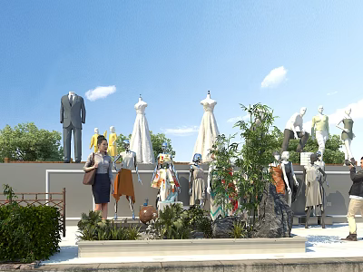 Mannequins in Various Outfits Displayed Outdoors With Green Plants Trees and Blue Sky 3d model