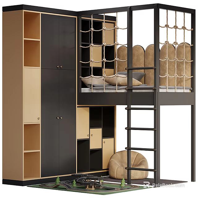 Modern Bunk Bed Design With Latticed Railings Ladder And Storage Cabinets 3d model 