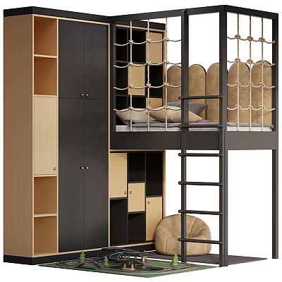 Modern Bunk Bed Design With Latticed Railings Ladder And Storage Cabinets 3d model