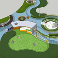 Children's Play Area With Green Lawn Circular Paths Yellow Slide And Play Structures