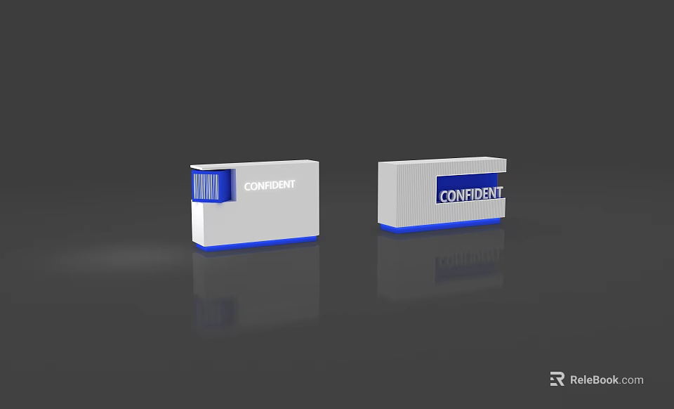 Sleek Exhibition Reception Desk with White Surface Blue Trim and CONSULT CONFIDENT Signs 3d model 