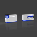 Sleek Exhibition Reception Desk with White Surface Blue Trim and CONSULT CONFIDENT Signs
