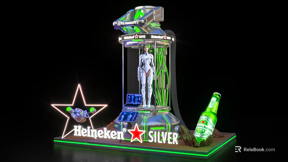Heineken Silver Photo Spot With Neon Star Female Statue And Beer Bottle 3d model 