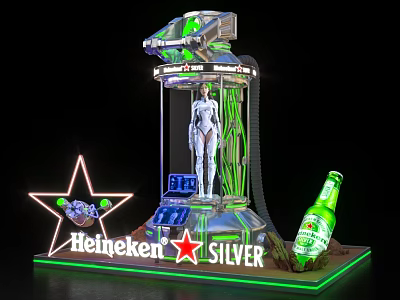 Heineken Silver Photo Spot With Neon Star Female Statue And Beer Bottle 3d model