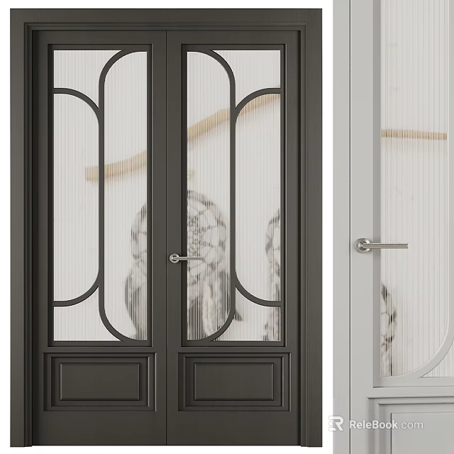 Black And Light Colored Interior Doors With Glass Arched Frame And Silver Handle 3d model 