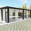 Villa Balcony With Large Glass Walls Overlooking Trees Lawn And Pink Flowers On Tiled Floor