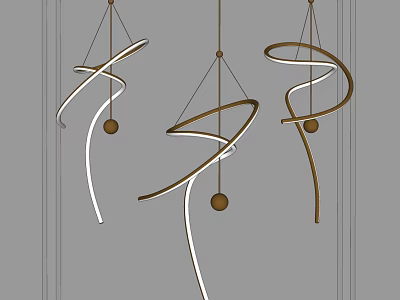 Modern Curved Spiral Chandeliers Featuring White and Gold Finish with Decorative Balls 3d model