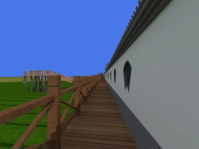 Wooden Walkway With Fence Along White Wall And Circular Windows Over Green Grass 3d model