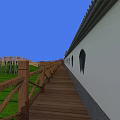 Wooden Walkway With Fence Along White Wall And Circular Windows Over Green Grass