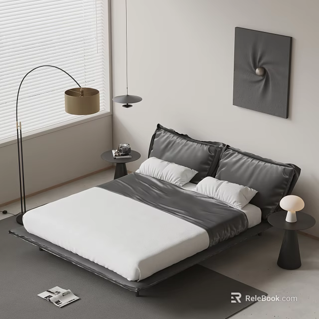 Double Bed Modern Interior Design With Gray Headboard White Sheets Side Tables And Table Lamps 3d model 