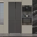 Modern Kitchen Interior With Sleek Grey Double Door Refrigerator And Built-in Appliances