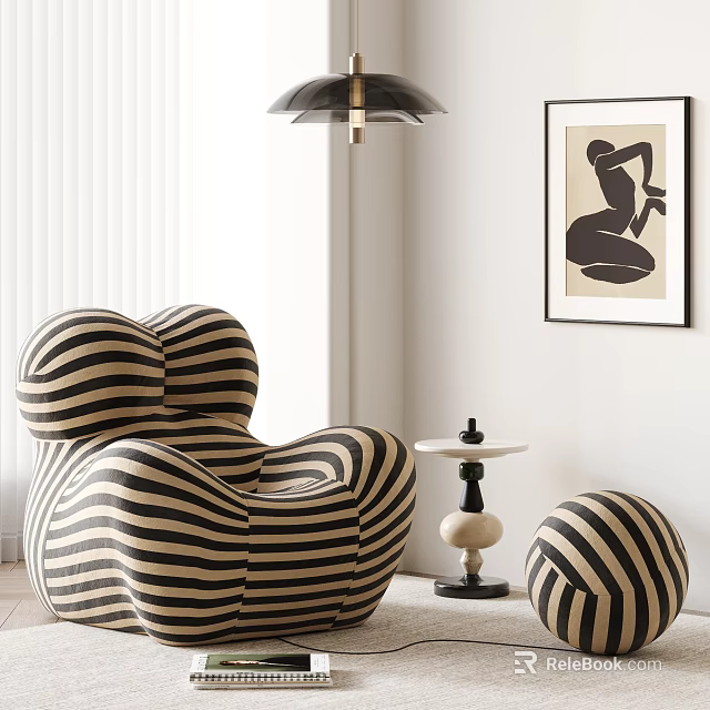 Striped Bean Bag Chair With Small Round Ottoman In Modern Living Room With Artwork And Pendant Light 3d model 