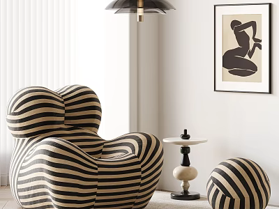 Striped Bean Bag Chair With Small Round Ottoman In Modern Living Room With Artwork And Pendant Light 3d model