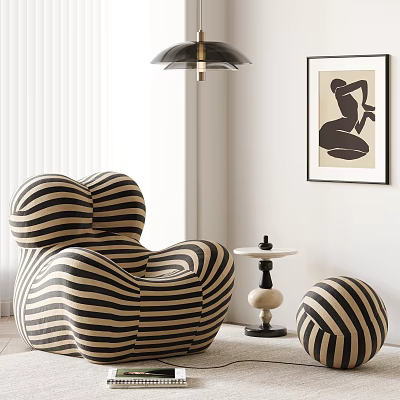 Striped Bean Bag Chair With Small Round Ottoman In Modern Living Room With Artwork And Pendant Light 3d model