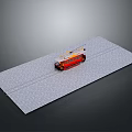 Red Electric Tram Model on Gray Platform with Metal Tracks Display Scene