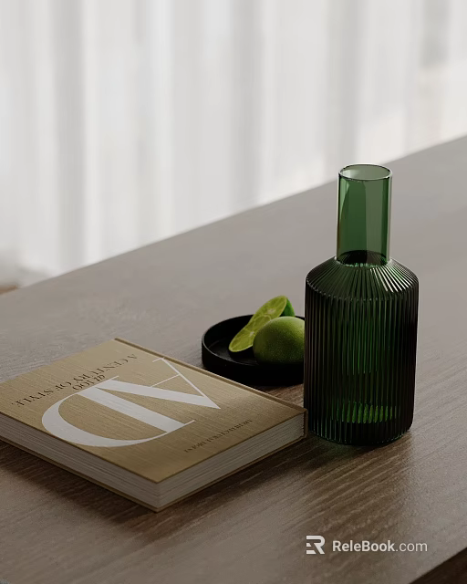 Decorative Ornament Set with Green Ribbed Vase Book and Black Plate of Limes 3d model 