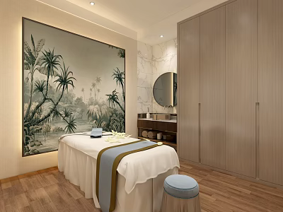 Serene SPA Room Interior With Massage Bed Tropical Plant Mural And Wooden Cabinets 3d model