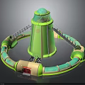 Green And Beige Tower With Circular Pathway Metal Stairs And Red Entrance